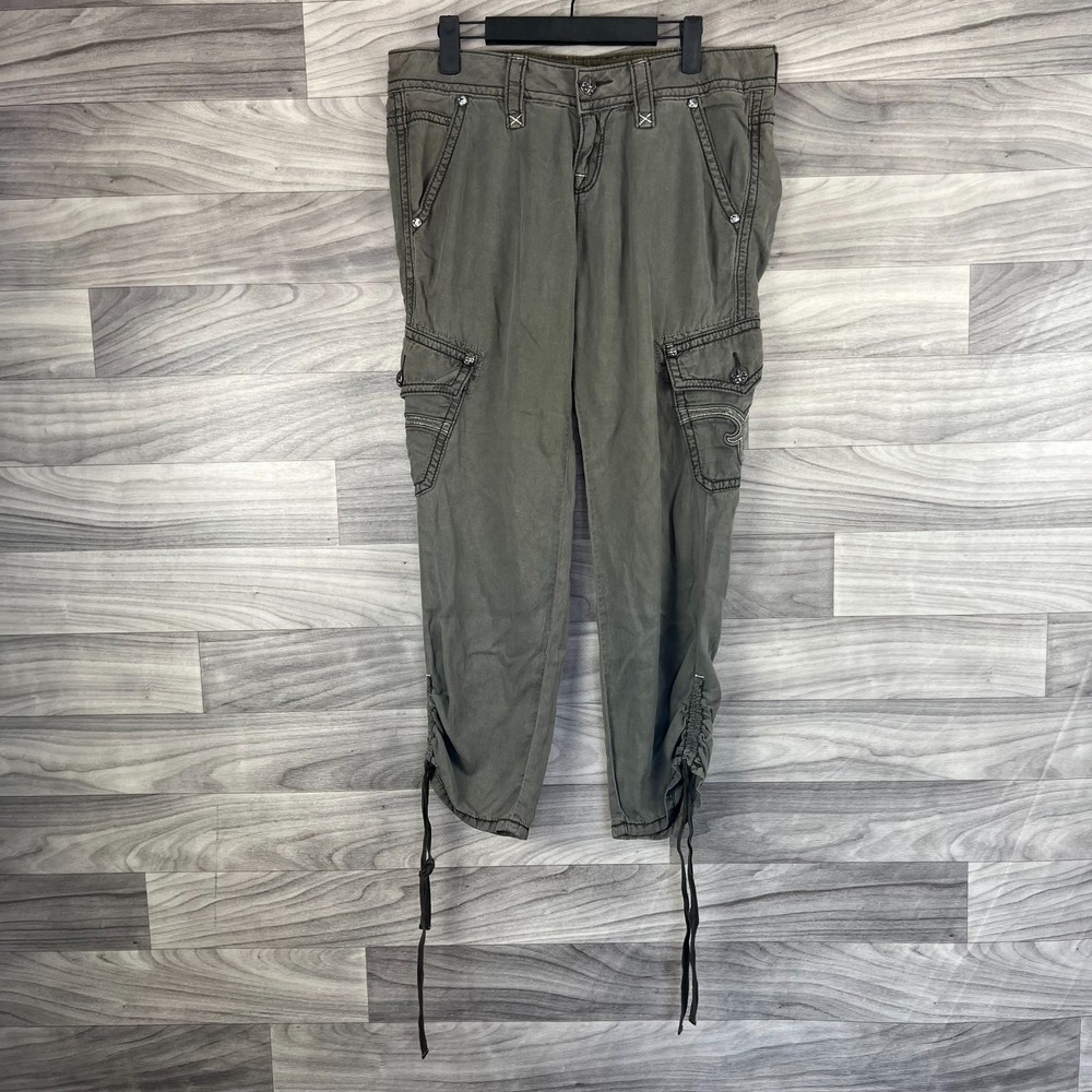 Rock Revival Cargo Cropped Pants Women's 27 Sage‎ Green Utility Mid-Rise Grunge